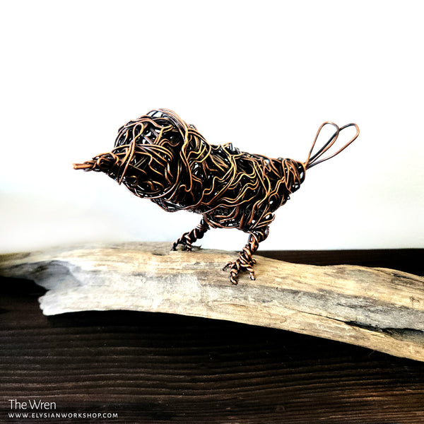 Copper Wren on Driftwood Sculpture Wire Bird Lover Handmade Decor Minimalistic Rustic Art Housewarming Wedding