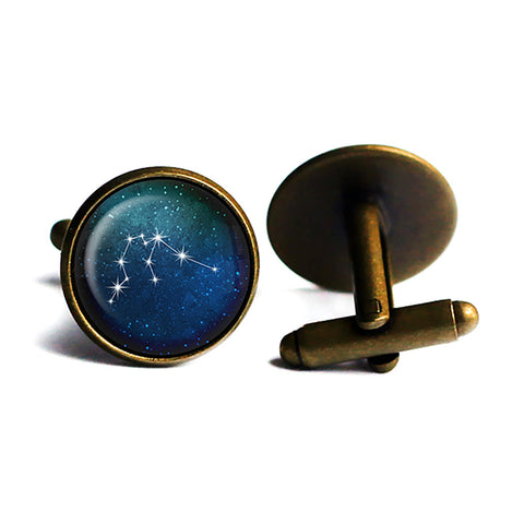 Zodiac Symbol Astrology Aquarius Star Constellation Antique Bronze Cufflinks