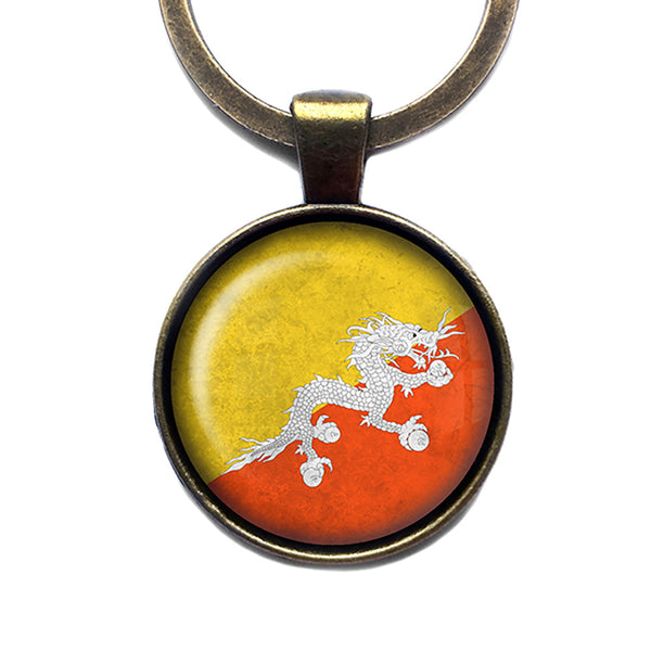 Kingdom of Bhutan Bhutanese Flag Antique Bronze Keychain