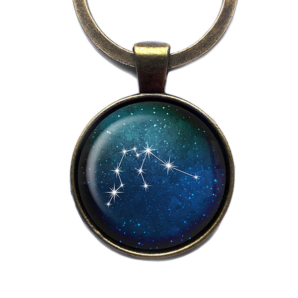 Zodiac Symbol Astrology Aquarius Star Constellation Antique Bronze Keychain