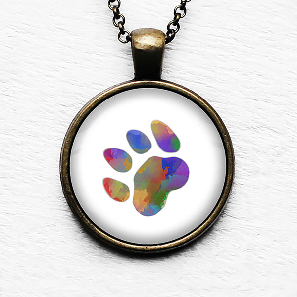 Cat Paw Print Rainbow Watercolor Pendant & Necklace