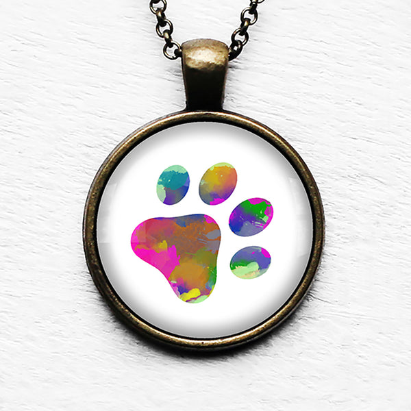 Dog Paw Print Rainbow Watercolor Pendant & Necklace