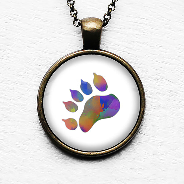 Bear Paw Print Rainbow Watercolor Pendant & Necklace