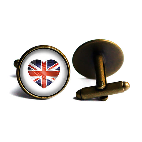 UK United Kingdom Flag Heart Antique Bronze Cufflinks