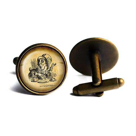 Alice in Wonderland Mad Hatter Tea Party Antique Bronze Cufflinks