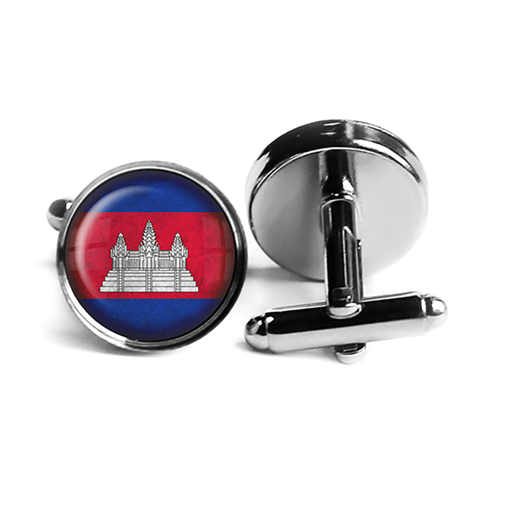 Kingdom of Cambodia Flag Rhodium Silver Cufflinks