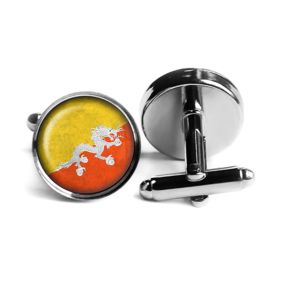 Kingdom of Bhutan Bhutanese Flag Rhodium Silver Cufflinks