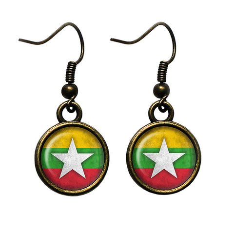 Republic of the Union of Myanmar Burma Burmese Flag Antique Bronze Earrings