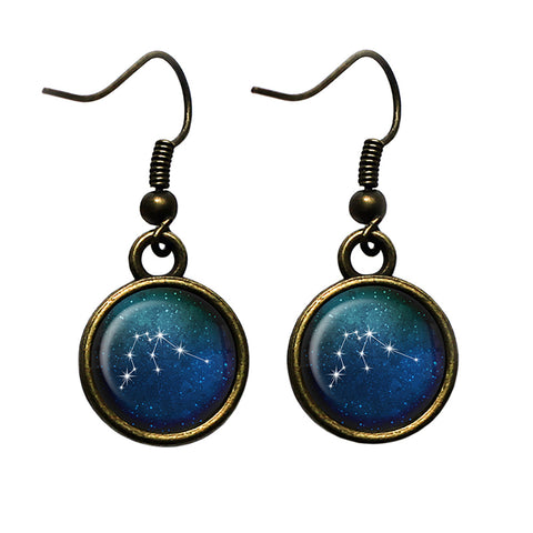 Zodiac Symbol Astrology Aquarius Star Constellation Antique Bronze Earrings