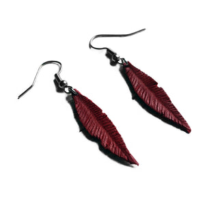 Red Hand Carved Leather Feather Surgical Steel Earrings