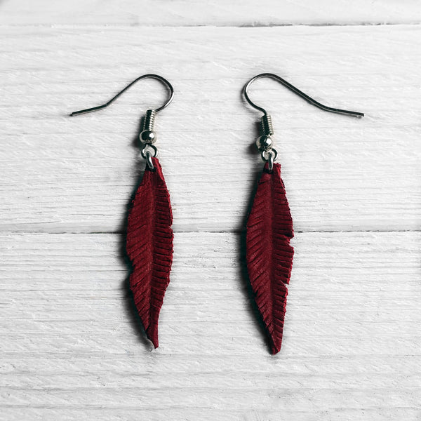 Red Hand Carved Leather Feather Surgical Steel Earrings