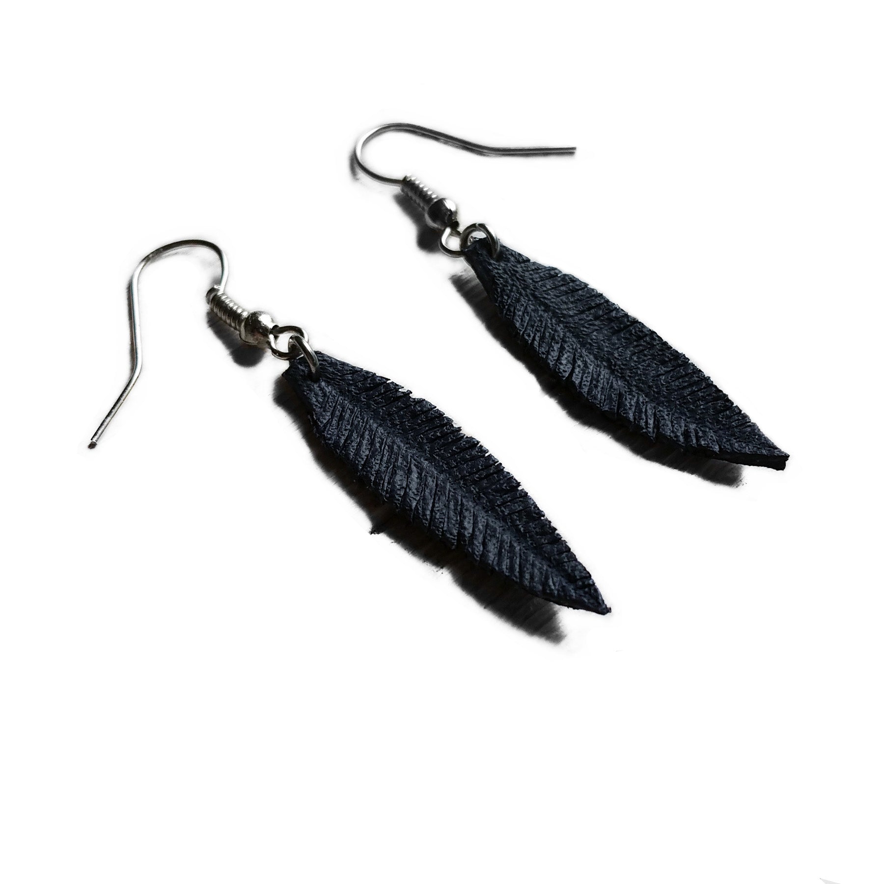 Blue Hand Carved Leather Feather Surgical Steel Earrings