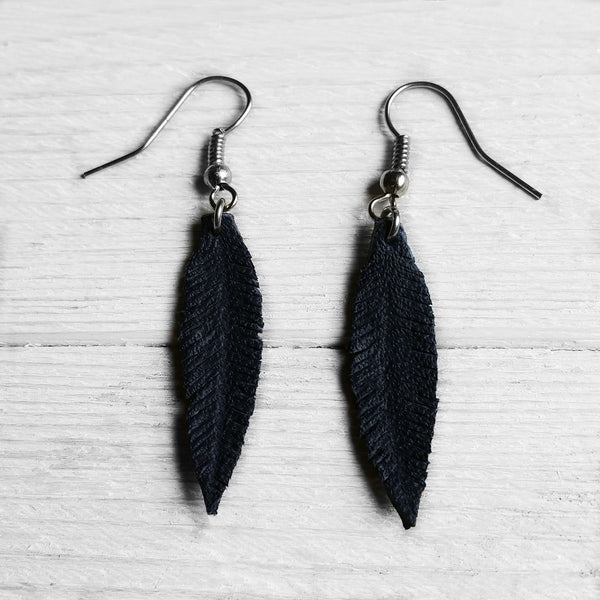 Blue Hand Carved Leather Feather Surgical Steel Earrings