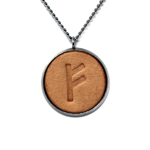 Viking Runes Elder Futhark F Fehu Frey Stainless Steel Genuine Leather Hand Stamped Pendant & Necklace