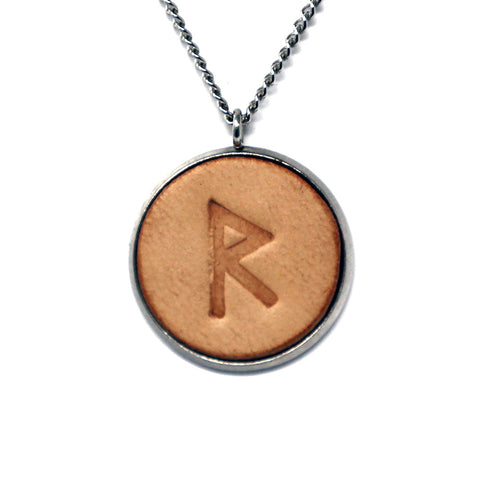 Viking Runes Elder Futhark R Raido Wheel Stainless Steel Genuine Leather Hand Stamped Pendant & Necklace