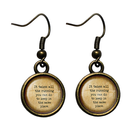 Alice in Wonderland All the Running Keep in the Same Place Antique Bronze Earrings