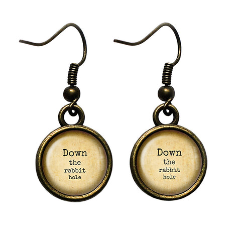 Alice in Wonderland Down the Rabbit Hole Antique Bronze Earrings