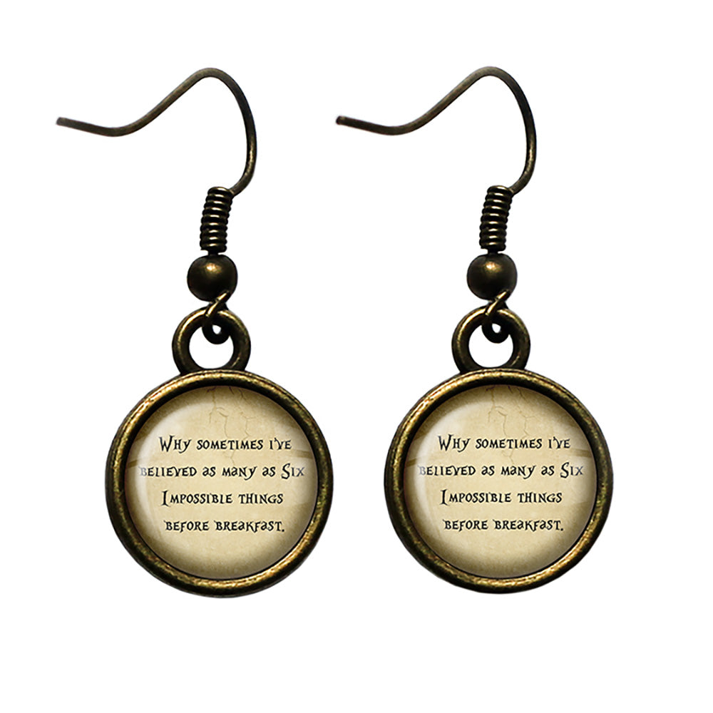 Alice in Wonderland Six Impossible Things Before Breakfast Antique Bronze Earrings