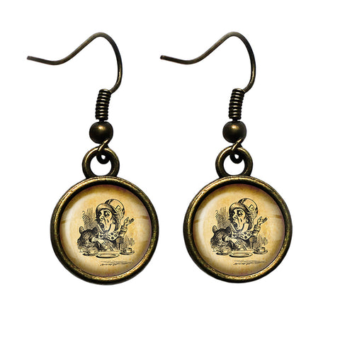 Alice in Wonderland Mad Hatter Tea Party Antique Bronze Earrings