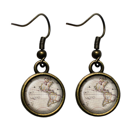 Ancient Map North South America Canada Antique Bronze Earrings