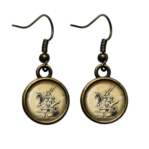 Alice in Wonderland White Rabbit Trumpet Antique Bronze Earrings