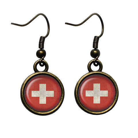 Switzerland Swiss Flag Antique Bronze Earrings