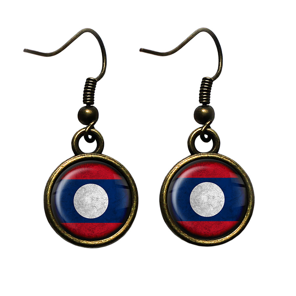 Laos Laotian Flag Antique Bronze Earrings