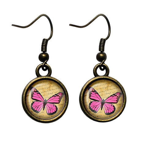 Pink Butterfly Antique Bronze Earrings