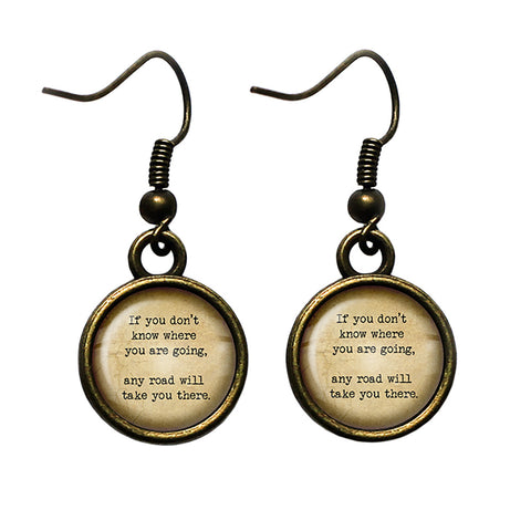 Alice in Wonderland Any Road will Take You There Antique Bronze Earrings