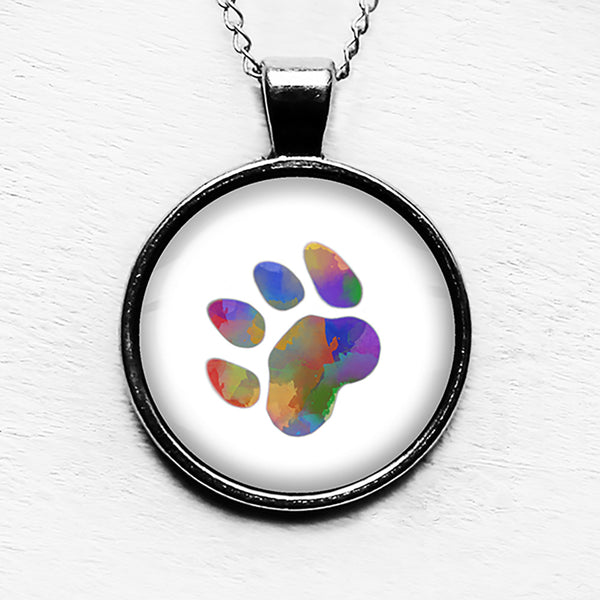 Cat Paw Print Rainbow Watercolor Pendant & Necklace