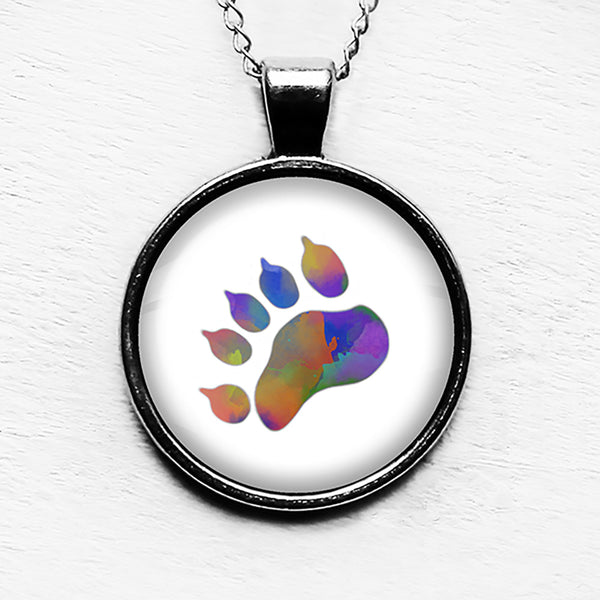 Bear Paw Print Rainbow Watercolor Pendant & Necklace