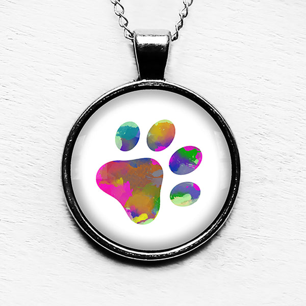 Dog Paw Print Rainbow Watercolor Pendant & Necklace