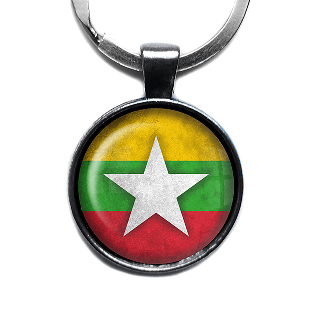 Republic of the Union of Myanmar Burma Burmese Flag Antique Silver Keychain