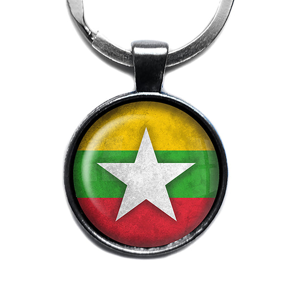 Republic of the Union of Myanmar Burma Burmese Flag Antique Silver Keychain