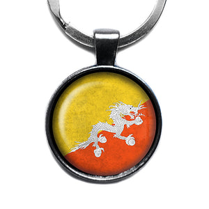 Kingdom of Bhutan Bhutanese Flag Antique Silver Keychain