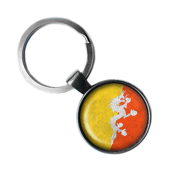 Kingdom of Bhutan Bhutanese Flag Antique Silver Keychain