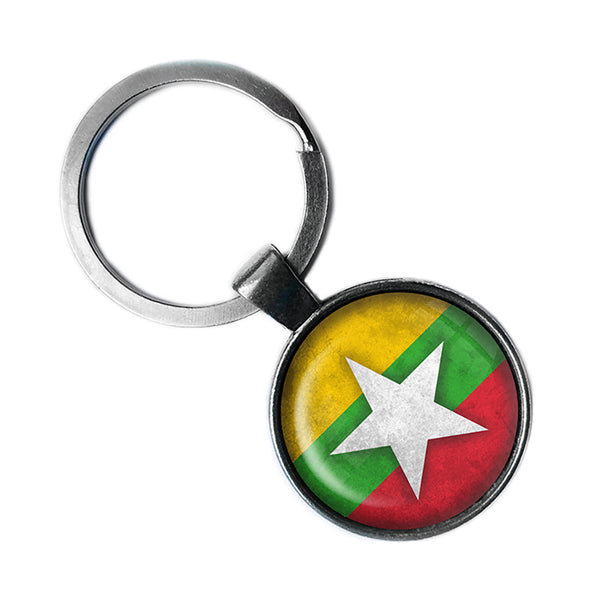 Republic of the Union of Myanmar Burma Burmese Flag Antique Silver Keychain