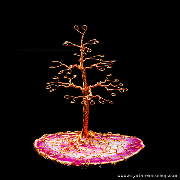 Medium Copper Wire and Pink Agate Crystal Jewelry Earring Tree Sculpture