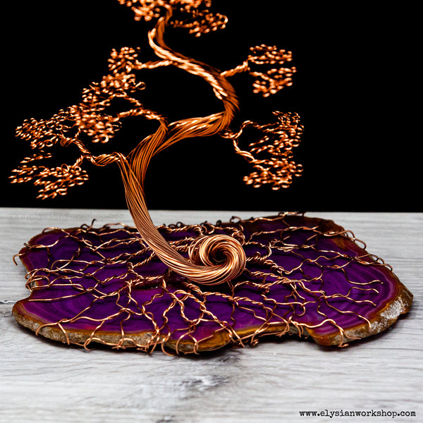 Copper Wire Cascade Bonsai Tree Sculpture on Pink Purple Agate Crystal