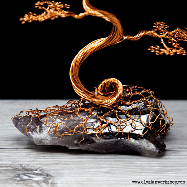 Copper Wire Wide Bonsai Tree Sculpture on Amethyst Crystal