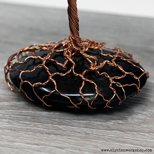 Copper Wire Protection Umbrella Bonsai Tree Sculpture on Obsidian Stone