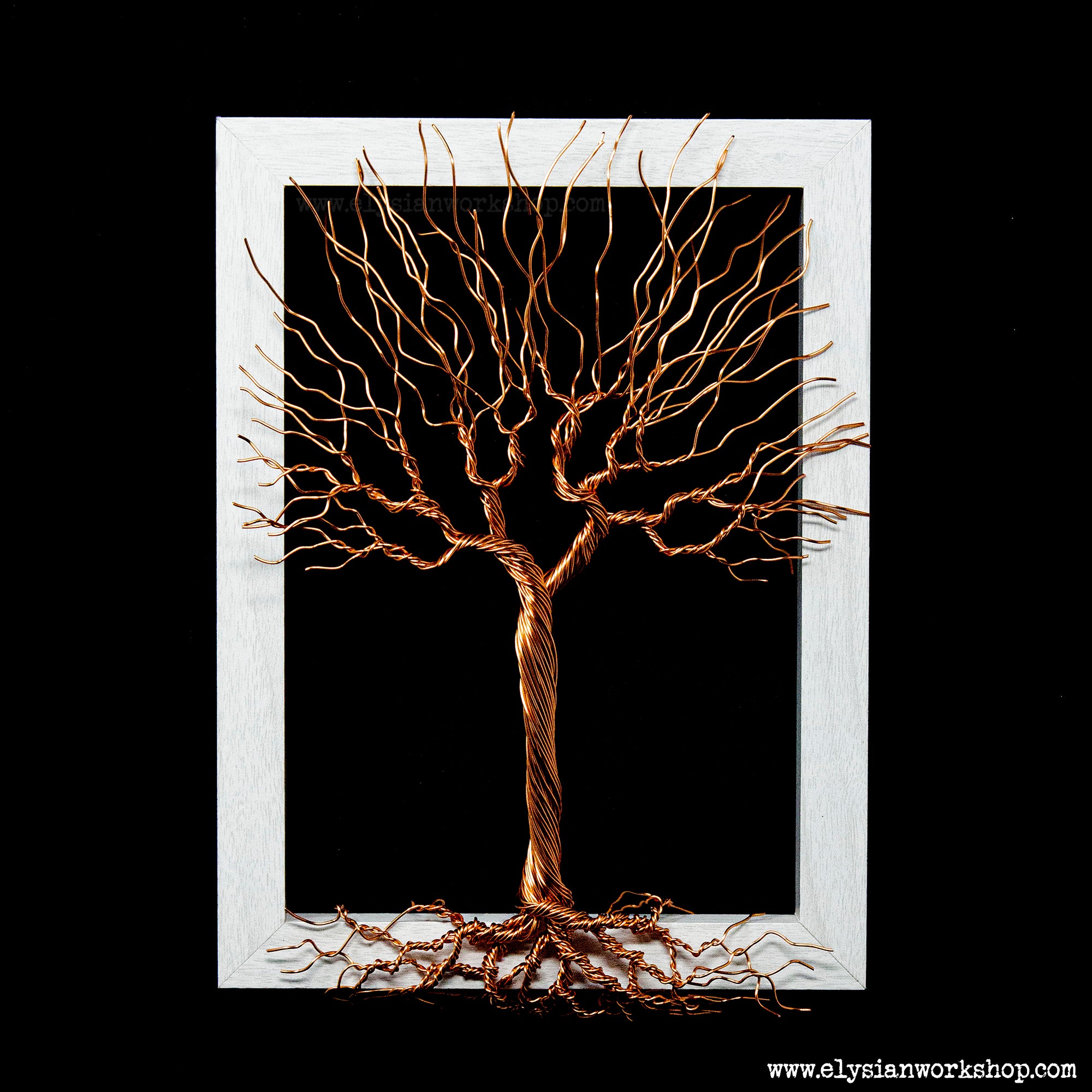 Copper Wire Tree  Sculpture in White Wood Picture Frame