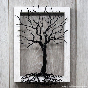 Handmade Black Steel Wire Cascade on White Wood Frame