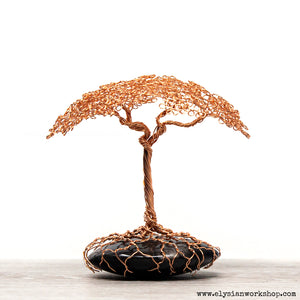 Copper Wire Protection Umbrella Bonsai Tree Sculpture on Obsidian Stone