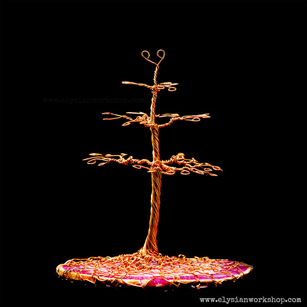 Medium Copper Wire and Pink Agate Crystal Jewelry Earring Tree Sculpture