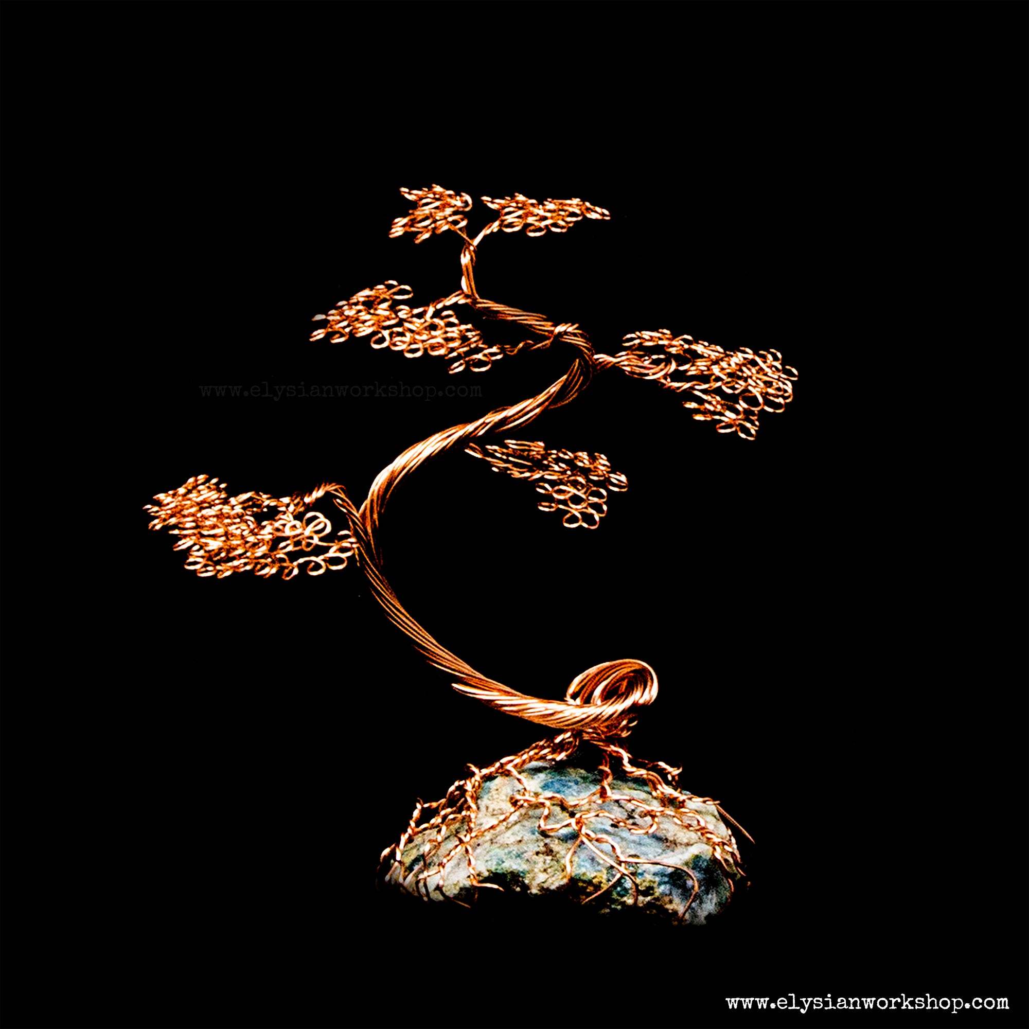 Mini Copper Wire Bonsai Tree on Rough Moss Agate Crystal