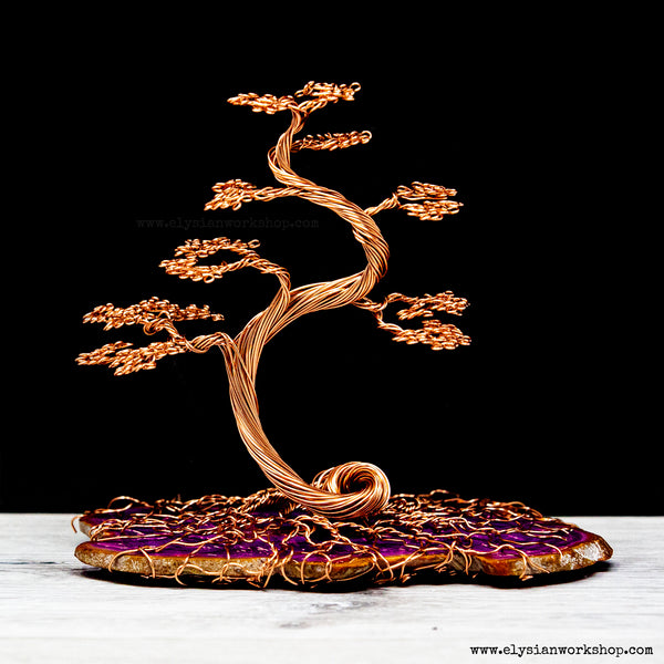 Copper Wire Cascade Bonsai Tree Sculpture on Pink Purple Agate Crystal