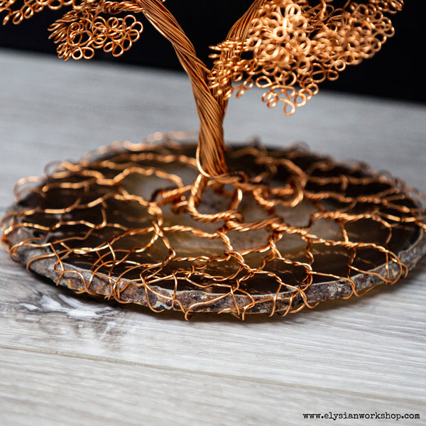 Copper Wire Heart Bonsai Tree Sculpture on Agate Crystal